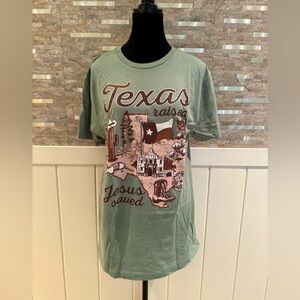 NEW NWOT Olive Green Texas Raised Jesus Saved Short Sleeve Tee Shirt M Medium